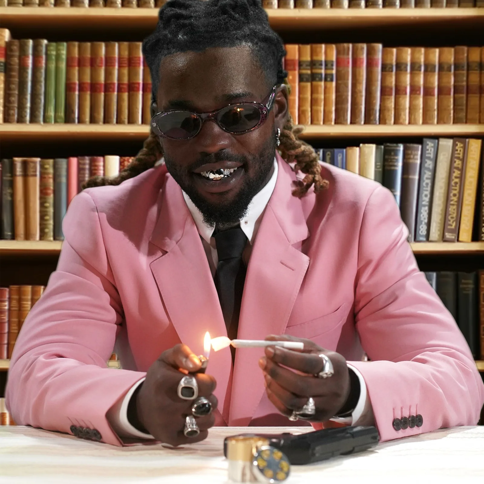 Jok’air en costume rose dans une bibliothèque